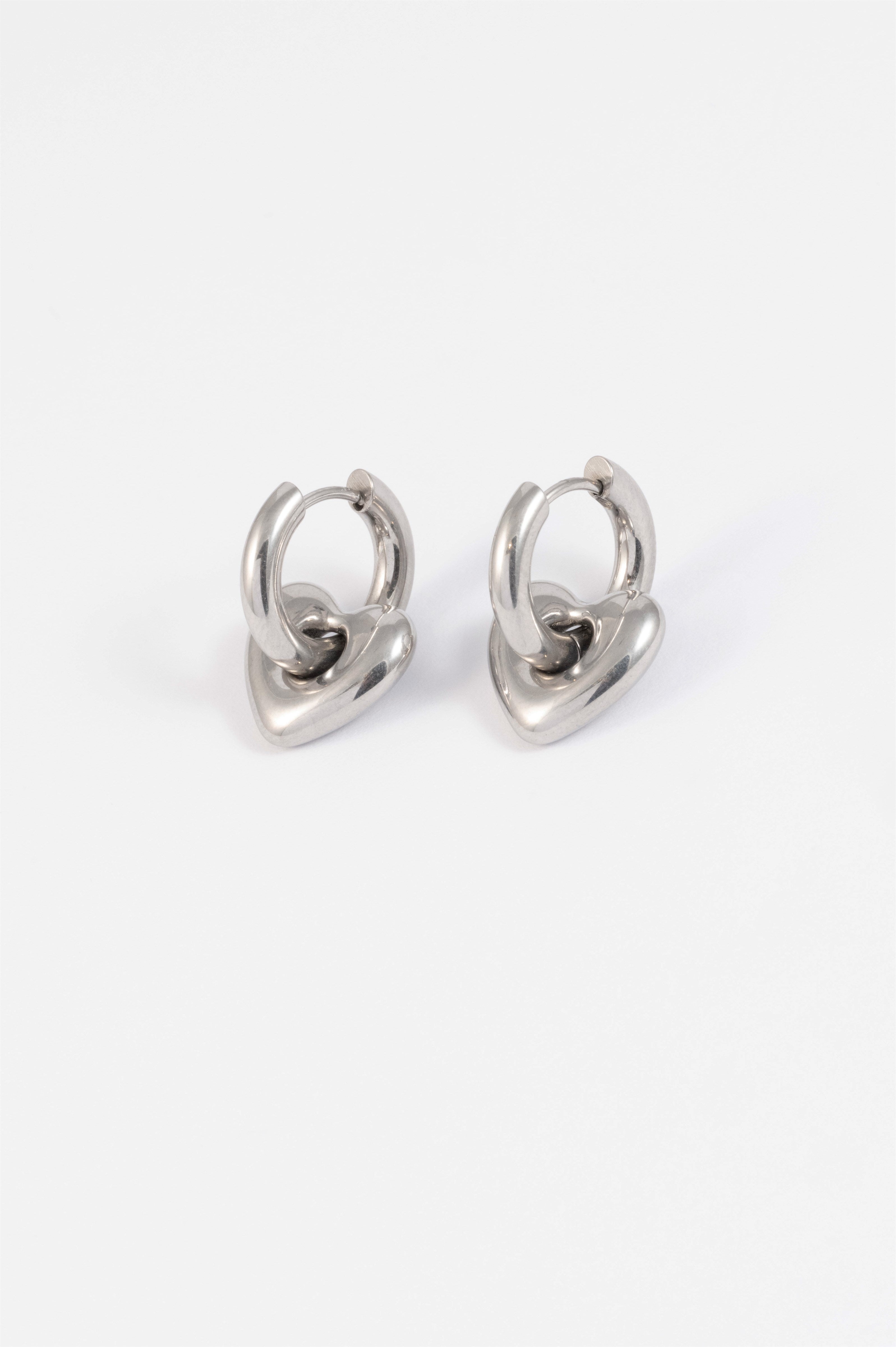 SILVER HEART CHARM HUGGIE HOOP EARRINGS