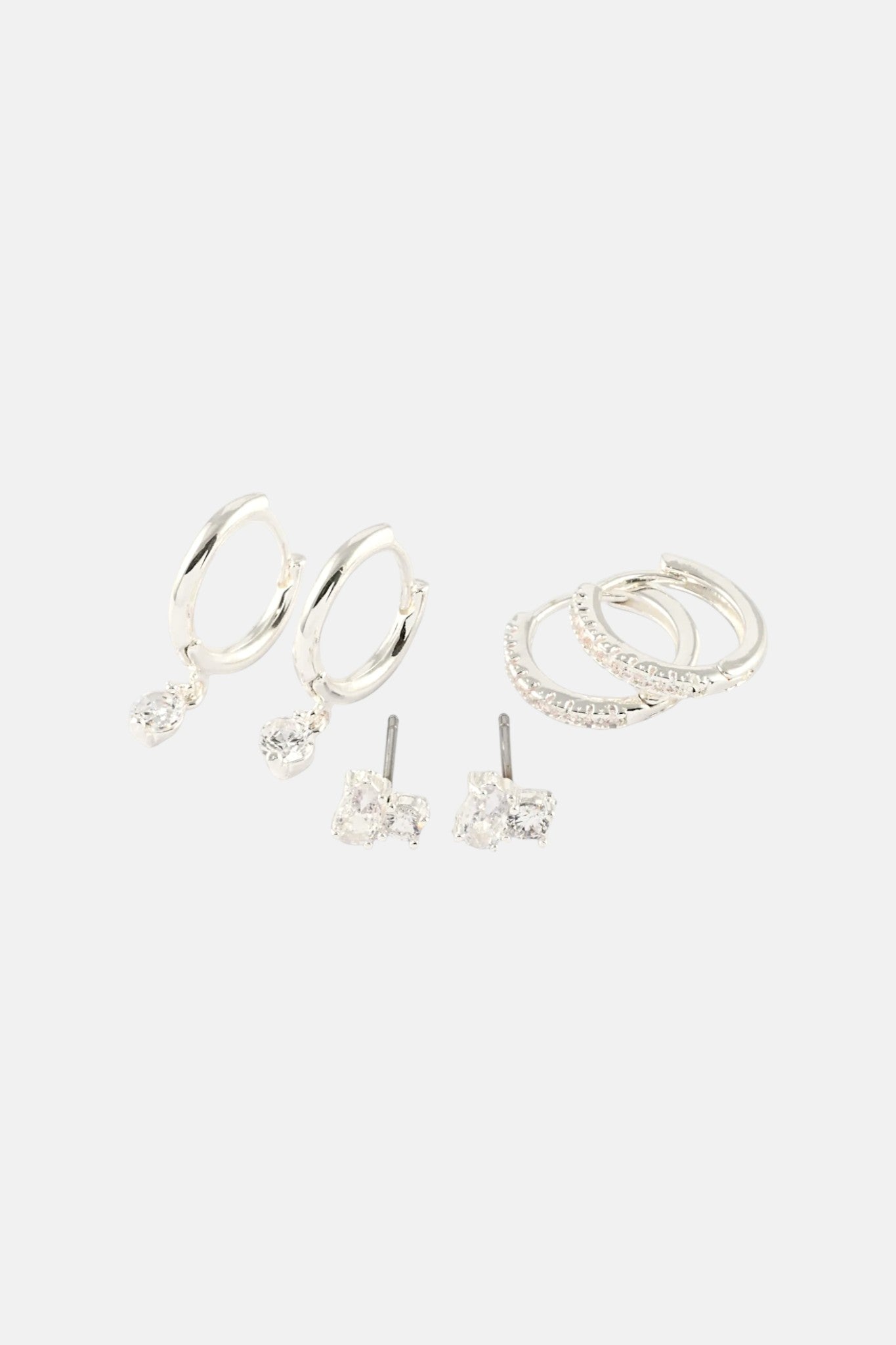 SILVER CRYSTAL MULTI PAVE HUGGIE 3 PACK EARRING