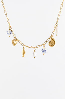 WP GOLD SUMMER BLUE CHARM AND PEARL NECKLACE